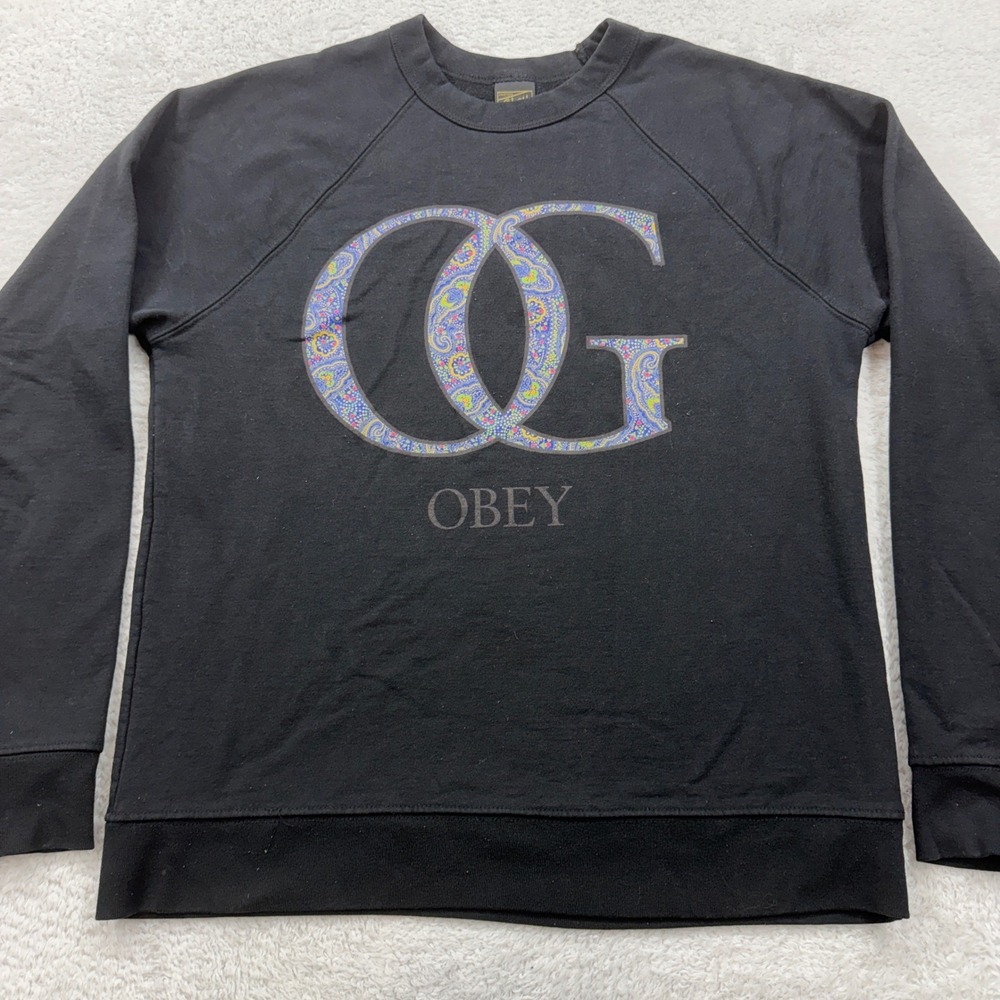 Vintage Obey OG Paisley Logo Black Crew Neck Sweatshirt Men's Medium USA Made